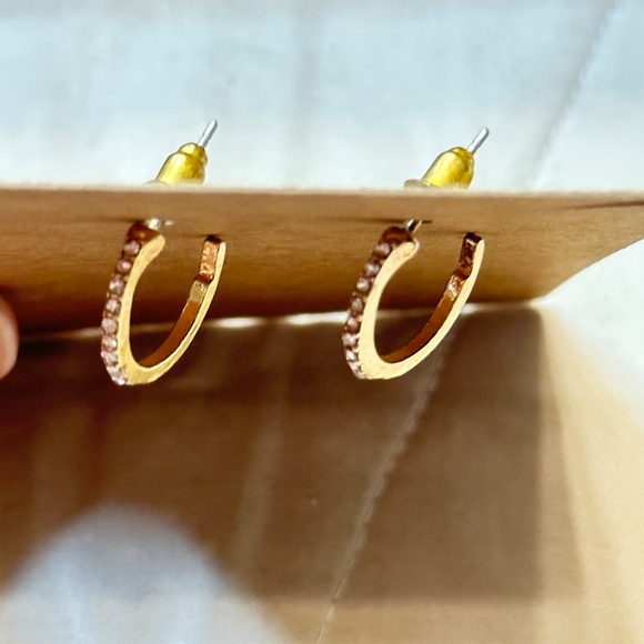 2/$15 Gold tone 1/2 Pave-stone, hoop w/post earrings. - Picture 3 of 7